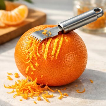 Close up of orange fruit with zest being extracted by zester tool