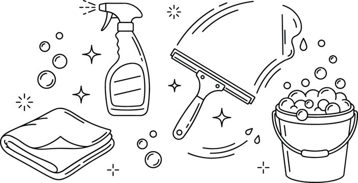 House cleaning services vector icon set with spray bottle window squeegee glass wiper bucket full of soap bubbles