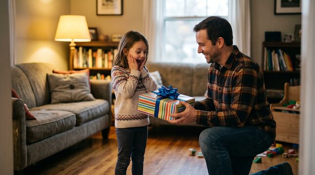 Father surprises excited daughter with a colorful birthday gift in their cozy living room