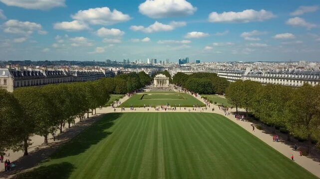 Slow Rising Aerial Shot Revealing Full Eiffel Tower Under Brilliant Parisian Blue Sky, France