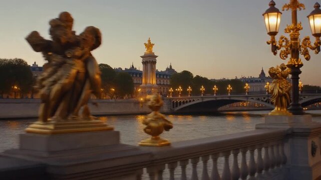 Cinematic Slow Glide Along Seine River in Paris at Golden Hour &ndash; Ornate Pont Alexandre III Bridge, France