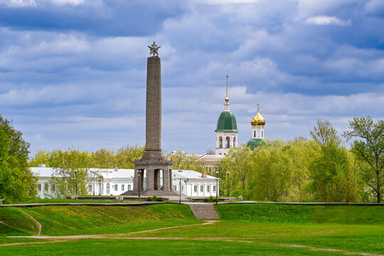 View from the fortress of the Obelisk of Glory and the Ascension Cathedral in Velikiye Luki, Pskov region of Russia