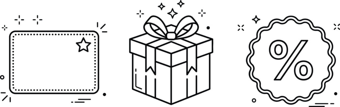 E commerce discount promotion vector set with blank membership voucher gift box present and percentage sale badge icon