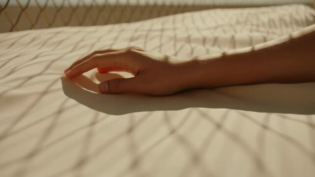 Midframe hand resting on sunlit bed sheet in morning calm