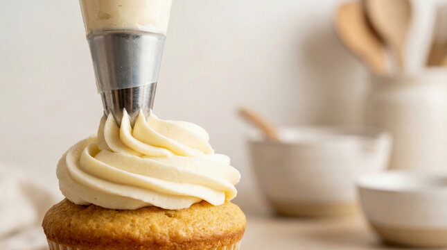 Frosting cupcake with creamy vanilla using piping bag in bright kitchen, perfect for baking tutorials or sweet celebrations.