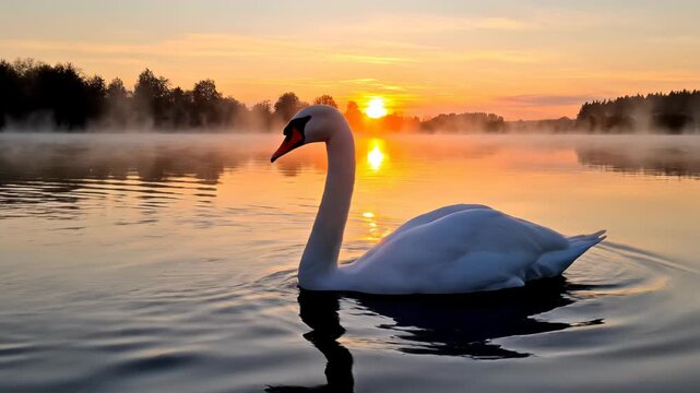 White mute swan swimming on a calm lake with mist during a vibrant orange sunrise. Reflections of the sun and bird on the water surface with forest silhouette in the background.