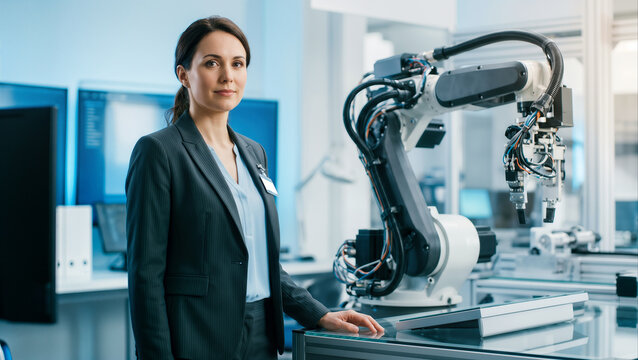 Engineer standing by robotic arm in modern automation facility, demonstrating future manufacturing technology and innovation.