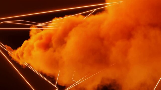 Laser beams cut through orange smoke in dark industrial scene