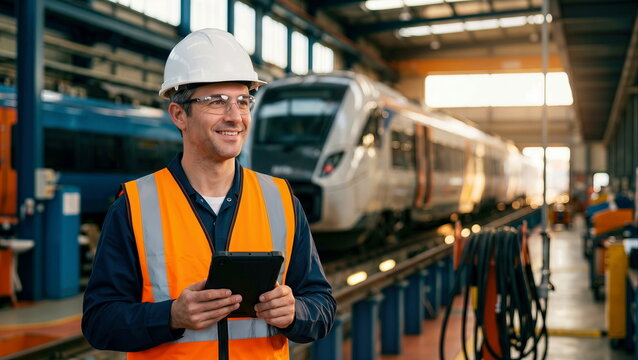 Railway engineer holding tablet, smiling confidently inside train maintenance facility, modern transport infrastructure management.