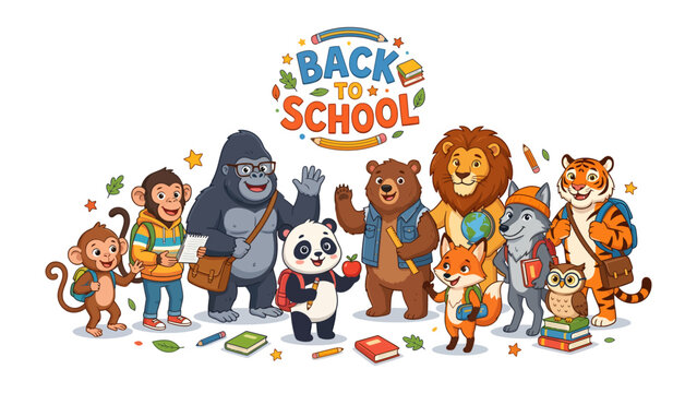 Back to School Animals Illustration: A vibrant and colorful cartoon illustration depicts a group of anthropomorphic animals, including monkeys, gorillas, pandas, bears, lions, foxes, wolves, and owls.