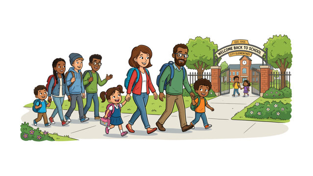 Back to School Journey: A diverse group of parents and children, backpacks on, walk towards a school building, embodying the excitement and new beginnings of the academic year.