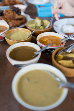 Variety of Thai khanom jeen in bowl, very popular thai food called khanom jeen nam ya