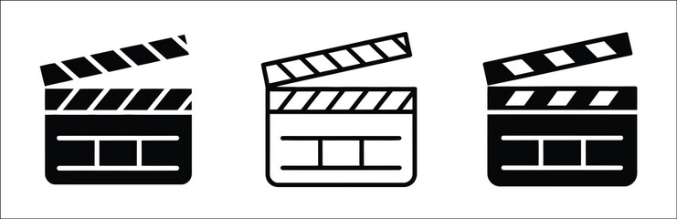 Fototapeta premium Clapperboard icon set featuring three black and white film slate designs, movie production symbols, filmmaking equipment graphics, cinema and video project elements, isolated vector illustrations.