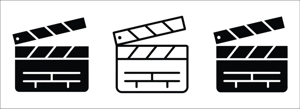 Clapperboard icon set featuring three black and white film slate designs, movie production symbols, filmmaking equipment graphics, cinema and video project elements, isolated vector illustrations.