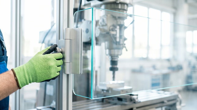 Industrial safety: worker hand operating glass machine guard latch in factory workshop with manufacturing equipment for workplace protection