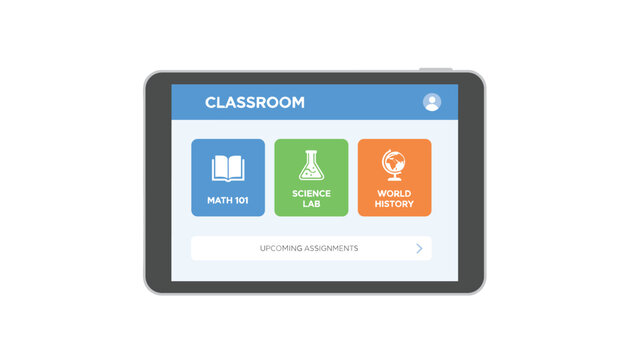 Digital tablet displaying an online school classroom platform with subjects like math, science, and world history.