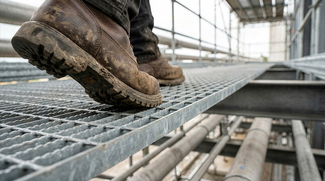 Work boots stepping on metal grating walkway, industrial platform with pipes, construction safety concept.