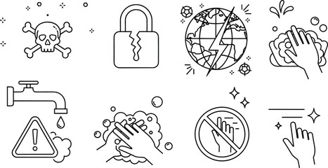 Fototapeta premium Hygiene and safety vector icon set with skull crossbones broken padlock global crisis water faucet warning washing hands