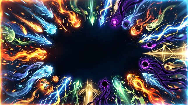 Abstract e sports tournament banner featuring vibrant glowing elemental energy orbs and magical particles swirling around a central dark space for competitive gaming backgrounds
