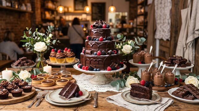 Luxurious Chocolate Dessert Table with Multi-Tier Berry Cake