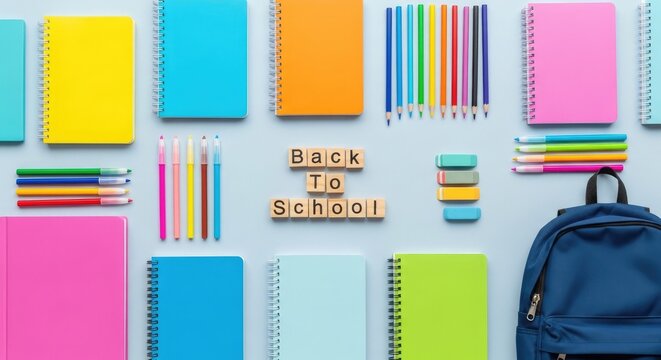 Colorful school supplies flat lay with notebooks, erasers and wooden blocks spelling back to school