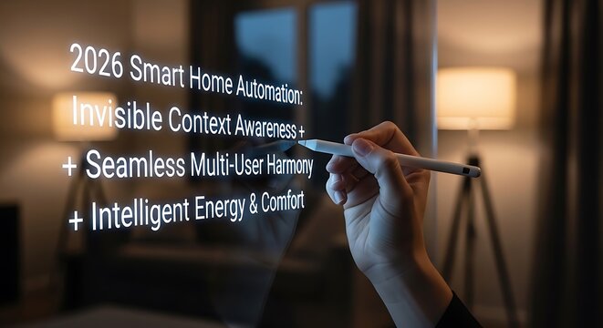 Hand writes future smart home automation trends on a glass surface, highlighting invisible context awareness, multi-user harmony, and intelligent energy management.