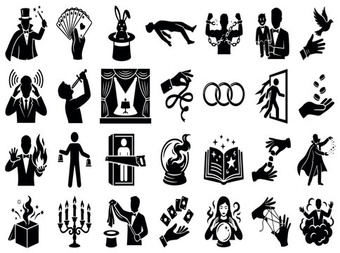 Stage magic and illusionist black silhouette icon set featuring magician tricks, performance symbols, and mystery show elements
