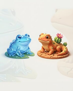 creative opposites adjectives designed Whimsical Nature Dialogue: Blue Frog and Cactus Gecko in Fantasy Art with Surreal Elements and Unique Contrast