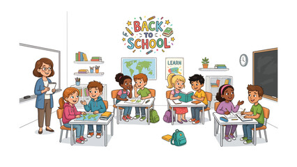 Back to School Classroom Scene: A vibrant illustration depicts a diverse group of elementary school students actively engaged in learning at their desks, while their teacher stands by, ready to guide. © Azizun