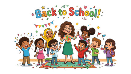 Excited for a New Year: A joyful teacher stands amidst a group of diverse and energetic children, celebrating the start of a new school year with confetti and colorful decorations. © azizunnahar