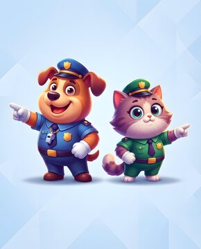 creative opposites adjectives designed  Whimsical Cartoon Dog and Cat Police Duo in Uniforms Pointing, Inspirational Animal Teamwork Concept for Children's Media