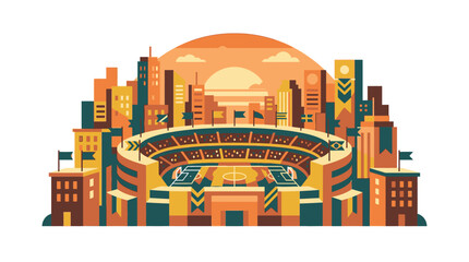 Stylized sports stadium and metropolitan skyline at sunset. © putri