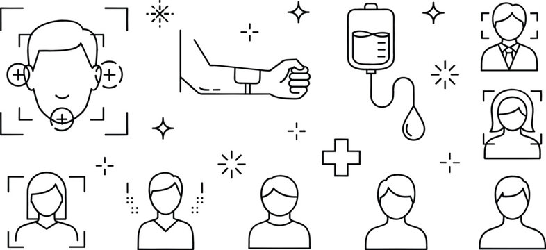 Biometric facial recognition donor arm with tourniquet intravenous iv drip bag and user profile avatar line icon set