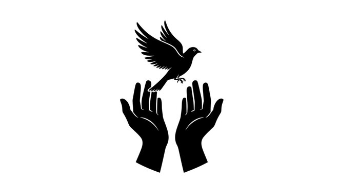 Dove flying above human hands illustrates a powerful concept of peace, freedom, and hope for all.