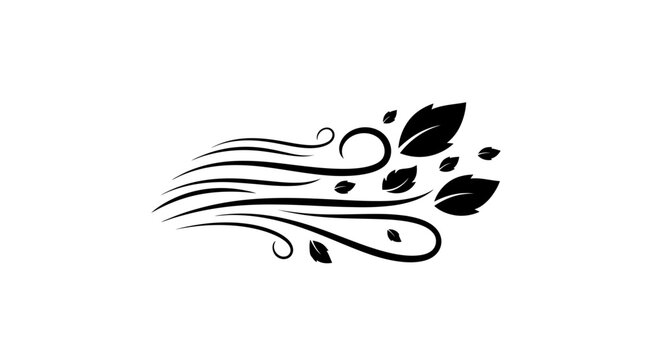 Wind gust blowing autumn leaves across a horizontal path captures the dynamic movement of nature through flowing lines and scattered foliage in a stylized black and white graphic.