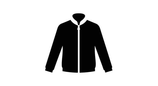 Jacket with a front zipper closure and ribbed collar is shown as a flat black icon representing modern casual apparel and fashion design.