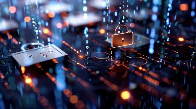 Digital Data Security Concept with Padlocks on Abstract Circuit Board and Flowing Binary Code Background