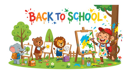 Fototapeta premium Back to School Art Class: Whimsical animal characters, including an elephant, bear, lion, and monkey, enthusiastically engage in an art class outdoors, painting colorful creations under a tree.