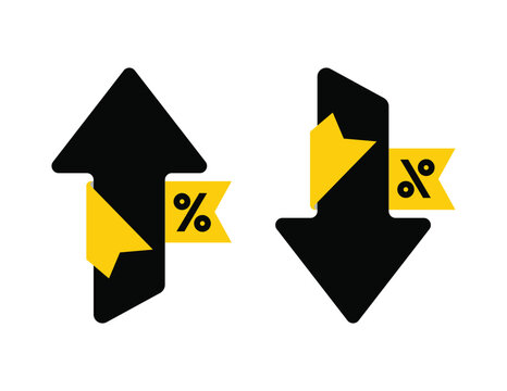 Up and down percentage arrows with yellow ribbon in flat style for icons, percentage growth, decrease, logo, label, badge, seal, tag, sign, seal, emblem, sticker. Vector Illustration