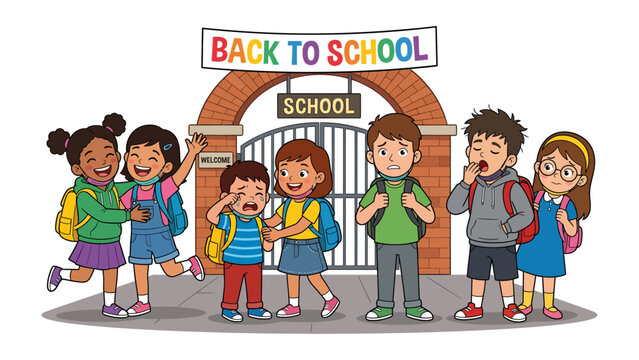 Back to School Excitement and Apprehension: A diverse group of children stand at the entrance of a school building.