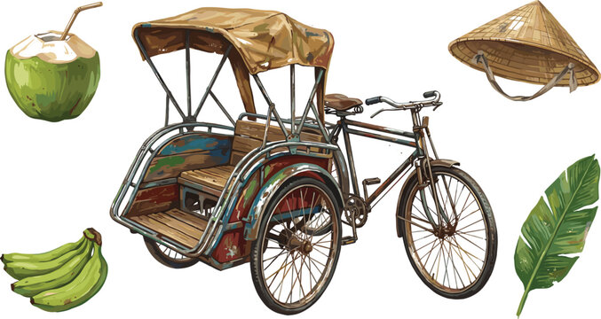 Traditional Asian cycle rickshaw transport vector illustration set featuring green coconut drink banana conical hat and palm leafTraditional Asian cycle rickshaw transport vector illustration set 