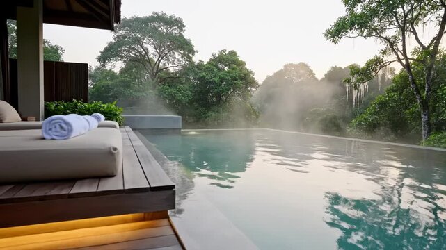 Modern minimalist infinity pool at luxury spa resort overlooking lush misty forest with wooden deck, lounge bed, and warm accent lighting during early morning.