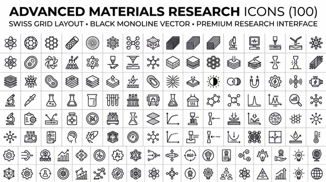Advanced materials research icons in swiss grid layout, black monoline vector style