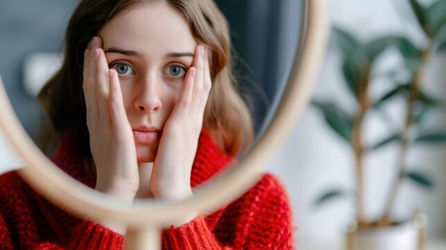 Young Woman with Long Hair in Red Sweater Looking Distressed in Front of Mirror with Plant in Background