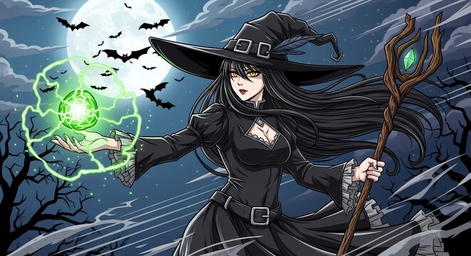 Witch casting spell under full moon with bats