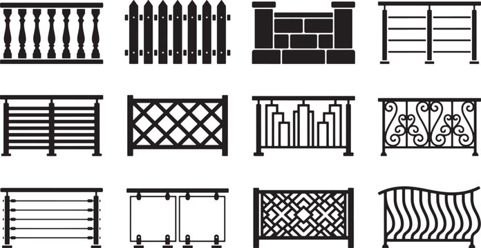 Set of various fence and railing silhouettes for architectural design, balcony barriers, and garden boundary vector icons