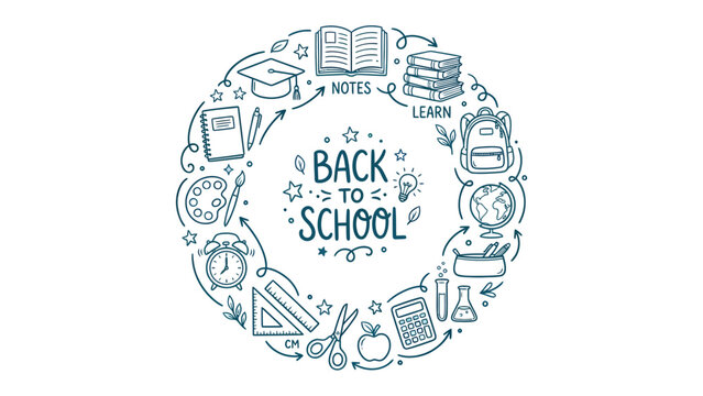 Back to School Circle Garland: A charming hand-drawn illustration depicting a circular garland of school supplies and motifs, centered around the festive Back to School lettering.