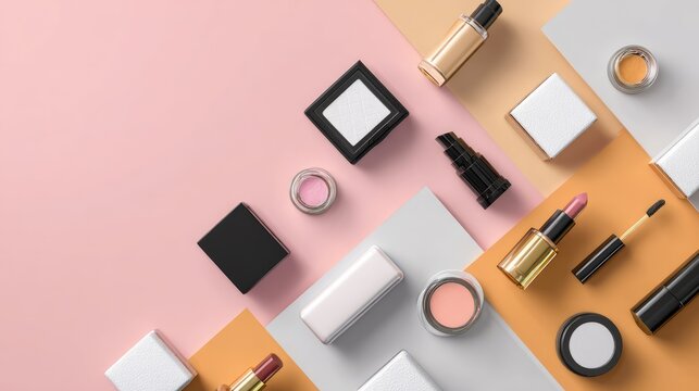 Flat lay of cosmetic products and makeup accessories arranged on a pastel pink and blue background. Beauty, skincare, and fashion concept with blank copy space.