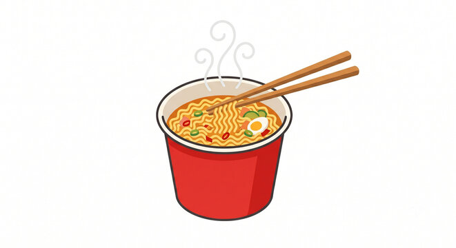 Korean instant cup noodles ramyeon with steam, flat vector illustration, isolated on white