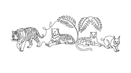 Exotic wild cat vector illustration, a majestic collection of jungle animals, including a tiger, leopard, cheetah, and lynx, with tropical foliage © Joe